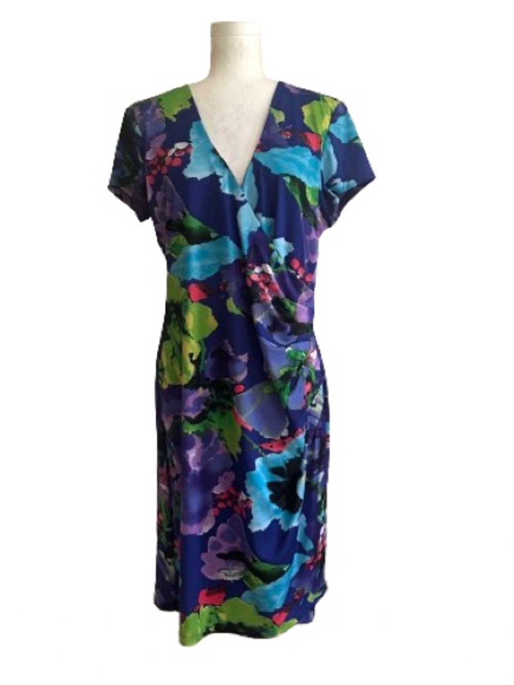 Shelby & Palmer Dress Purple Pink Blue Floral Cap Sleeve Faux Wrap Ruched XL - Picture 2 of 15